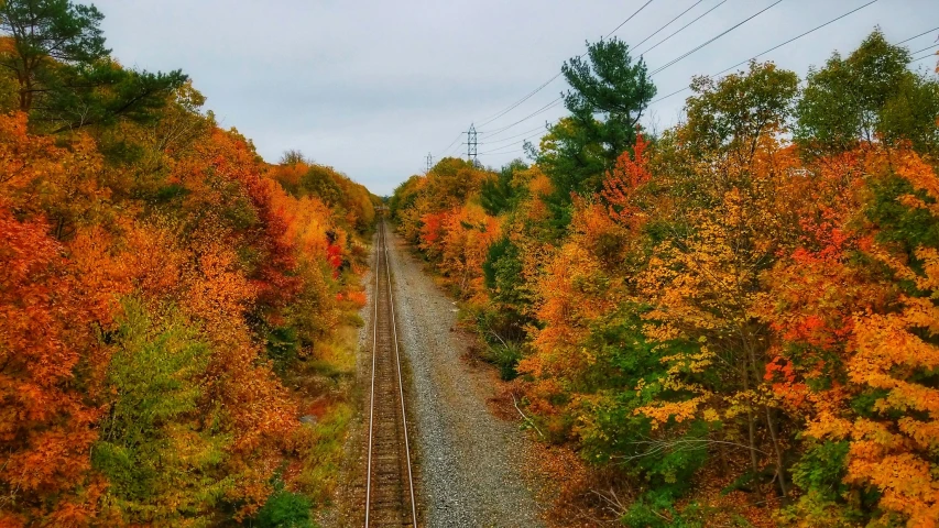 view looking down the middle section of a train tracks from high above