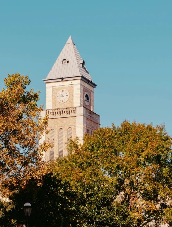 an old tower that is standing between some trees