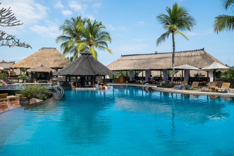 a long pool is surrounded by trees with thatched roof overhangs