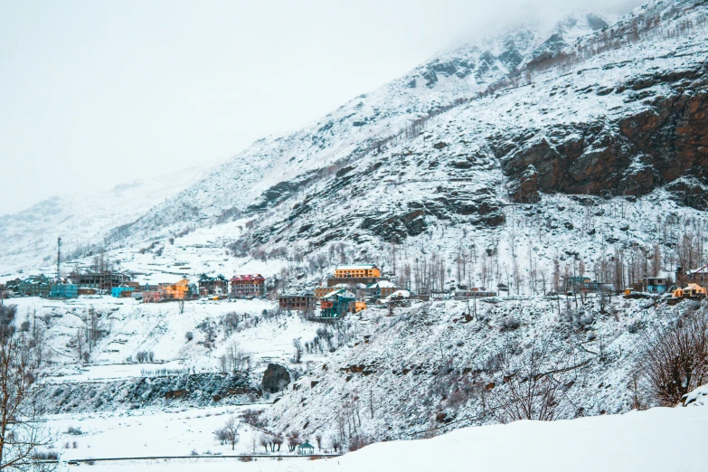 a winter scene of a scenic mountain town