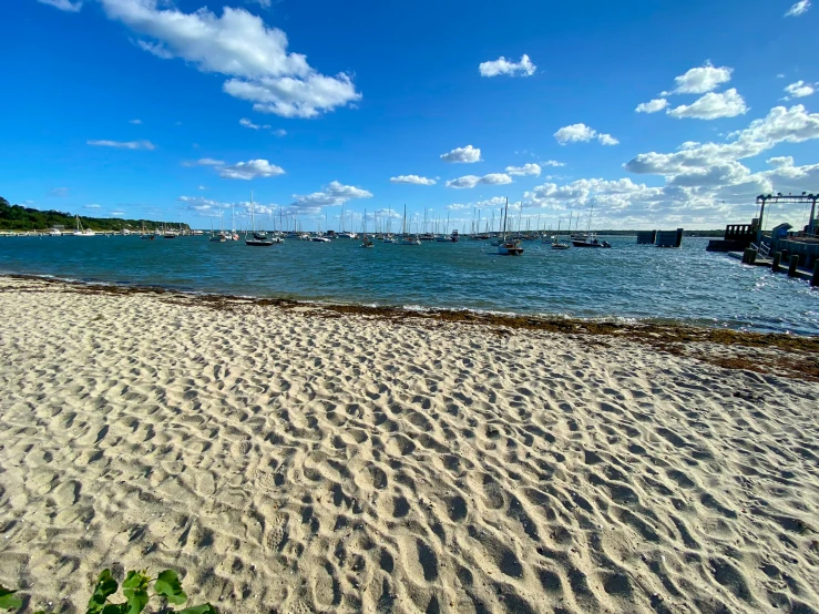 a beach with many boats and sand dunes