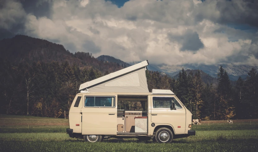 an image of an old van that is in the woods