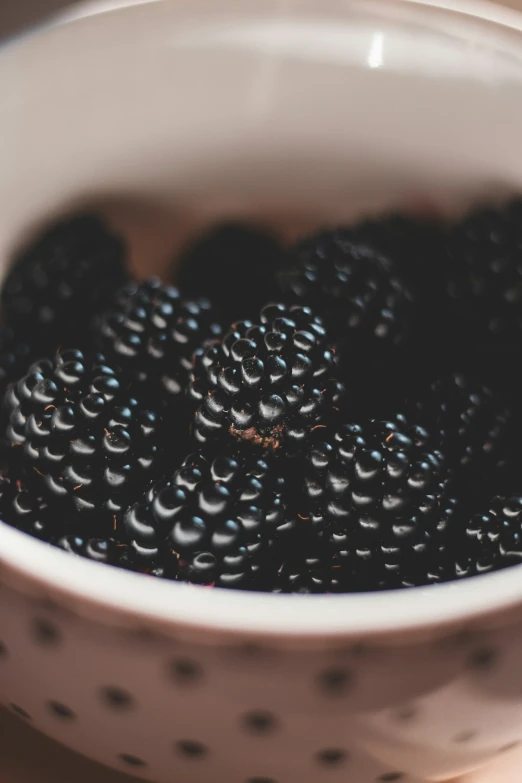 a bowl full of blackberries sitting on a table