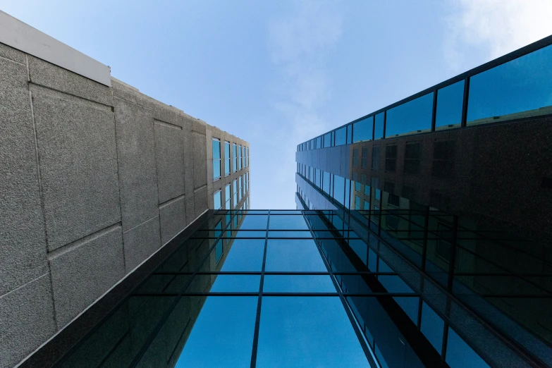 a clear, blue sky reflects off an office building