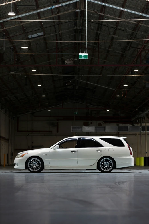 an inside view of a car in a garage