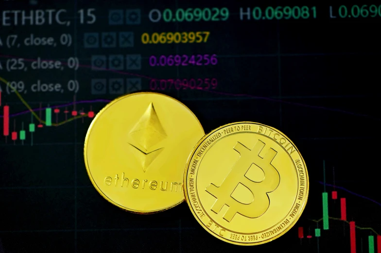 a gold ether coin on a stock exchange graph