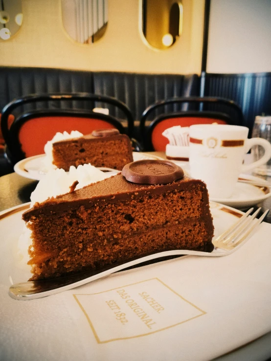 a slice of chocolate cake sits on a plate with a fork