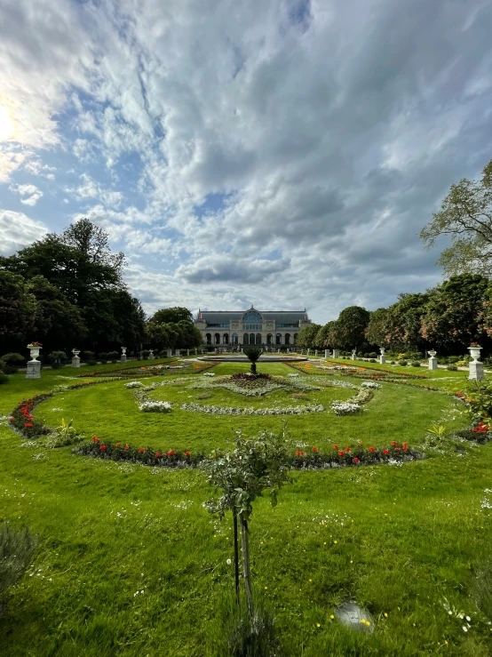 there is a very large grassy area with flowers