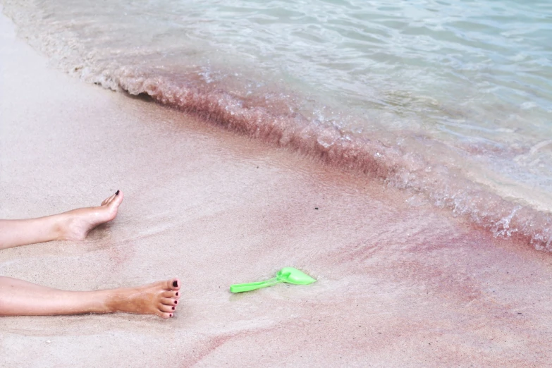 a small green object sitting on the shore of a body of water