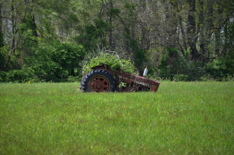 an old rusty farm machine in a field