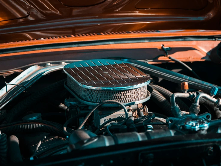 engine compartment view of an old model car