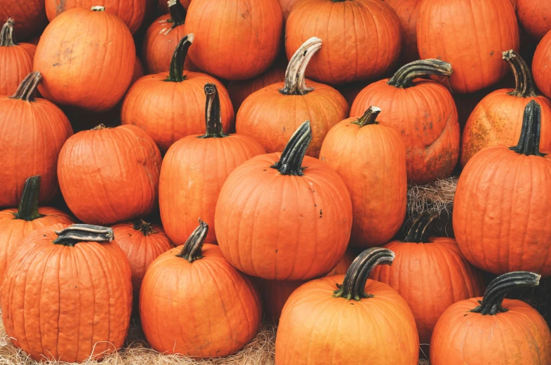 several large orange pumpkins are stacked on top of each other