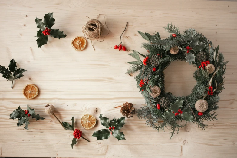 christmas decorations and garland on a table