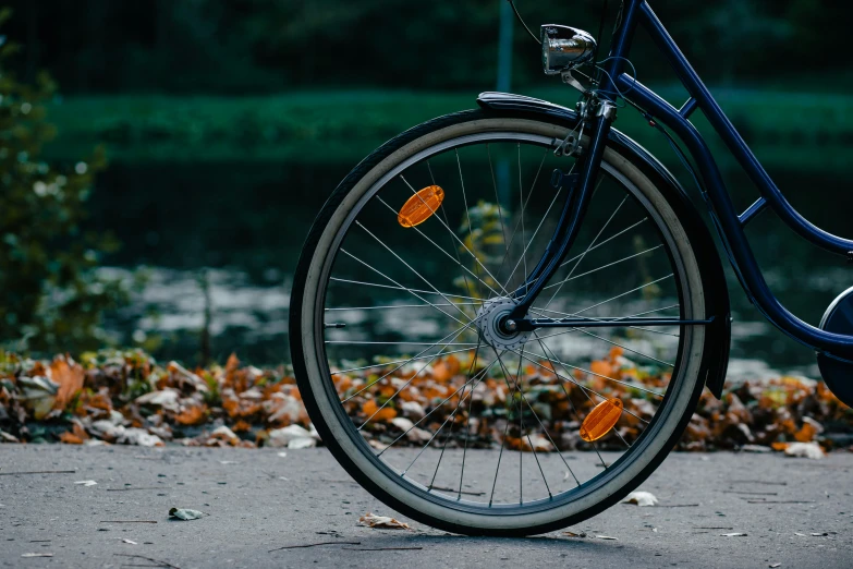 a bike that is parked by a pond