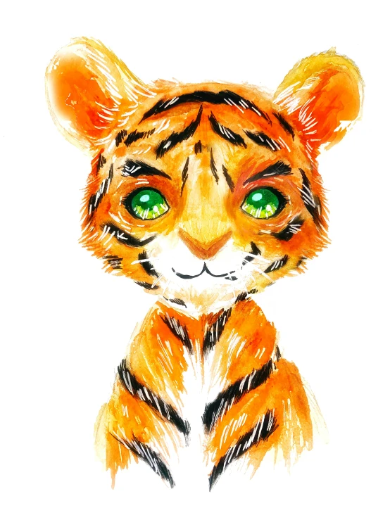 a drawing of a tiger with bright green eyes