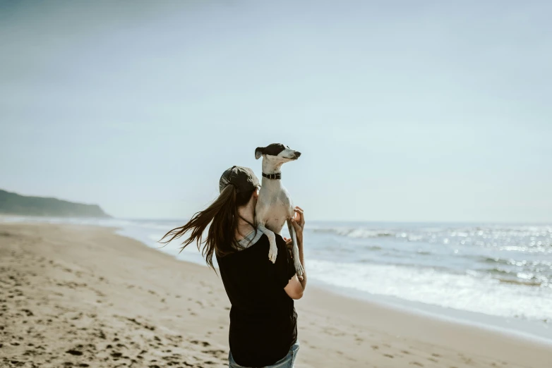 a woman on the beach holds her dog up to the sky