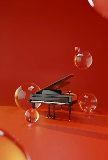 a large black piano sitting in front of bubbles and a ball