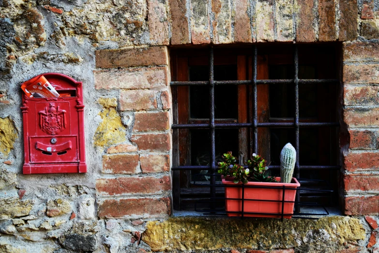 a red box on a brick building with a cactus