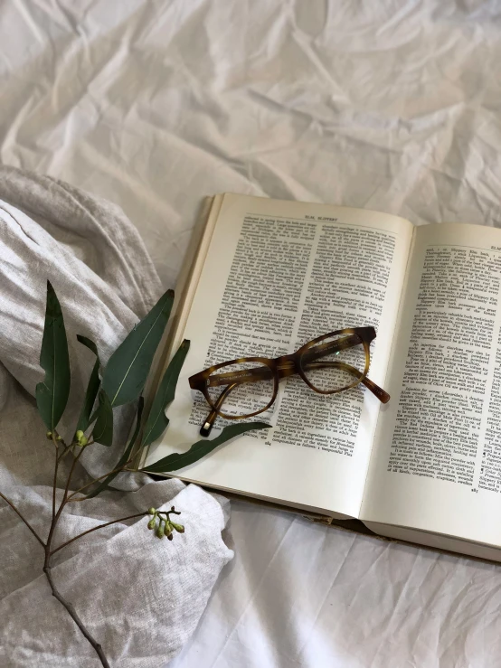 an open book and a pair of glasses laying on a bed