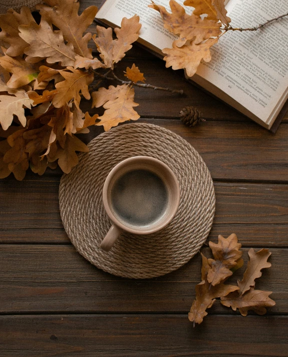 a tea cup next to a book and autumn leaves