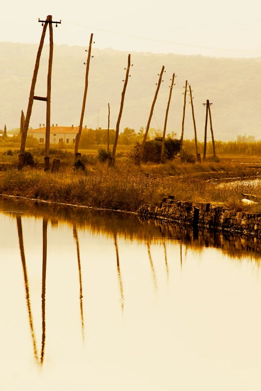 a row of poles sit next to a body of water