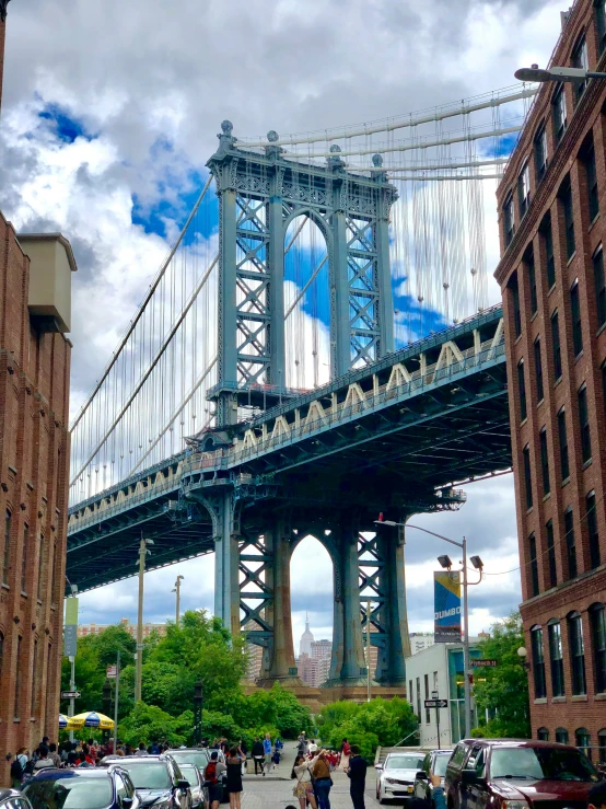 a very long bridge over some big tall buildings