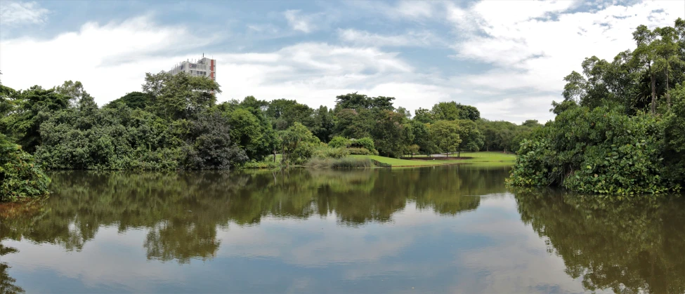 the reflection of a tower in a large lake