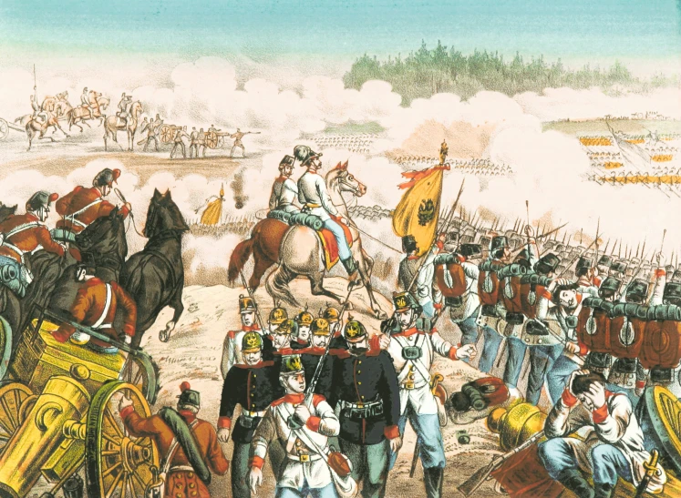 a painting of soldiers in uniforms and horses