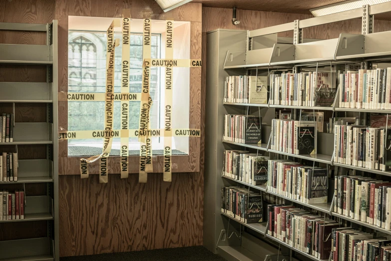 the shelves in the liry are full of many books