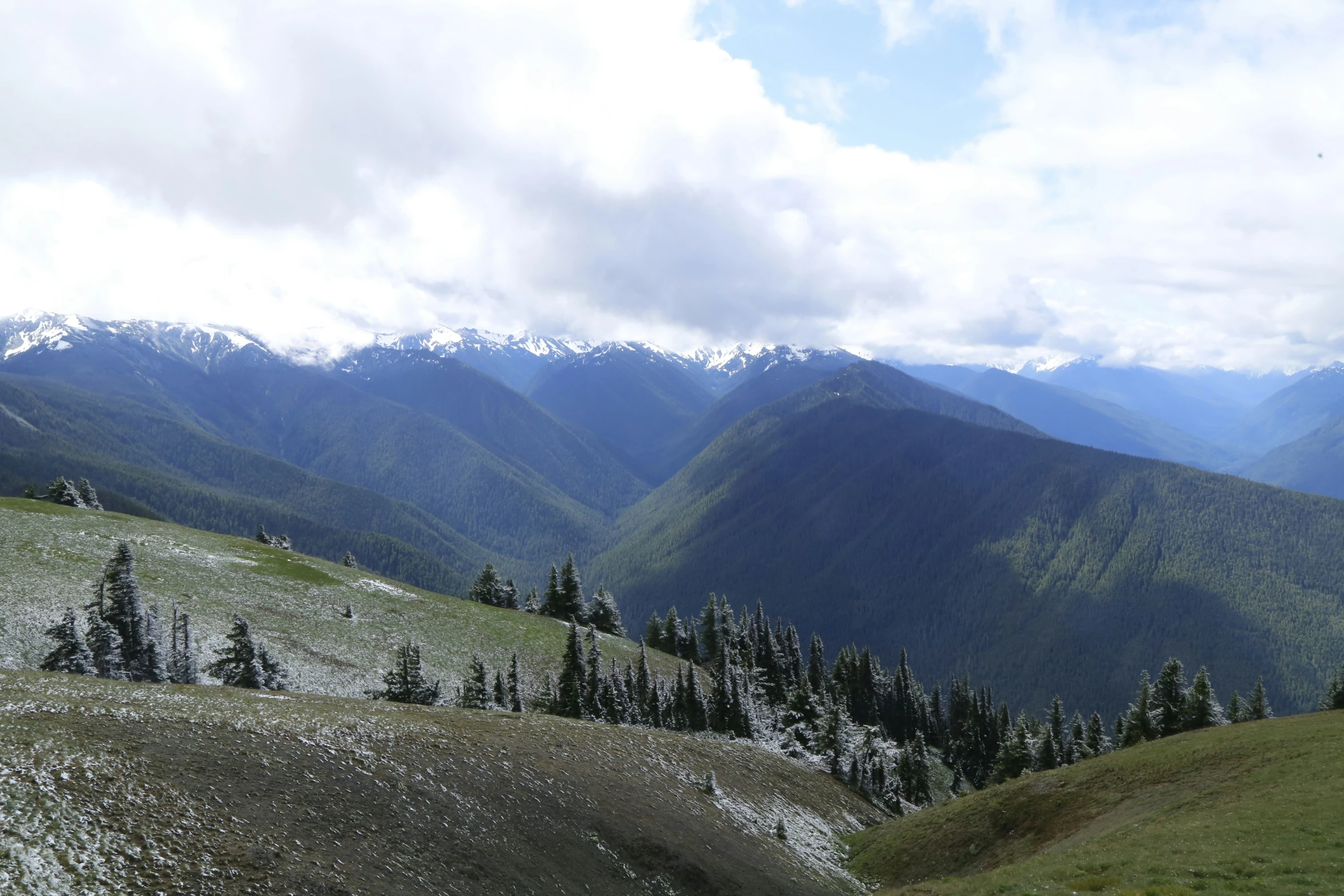 a mountain valley filled with snow covered trees