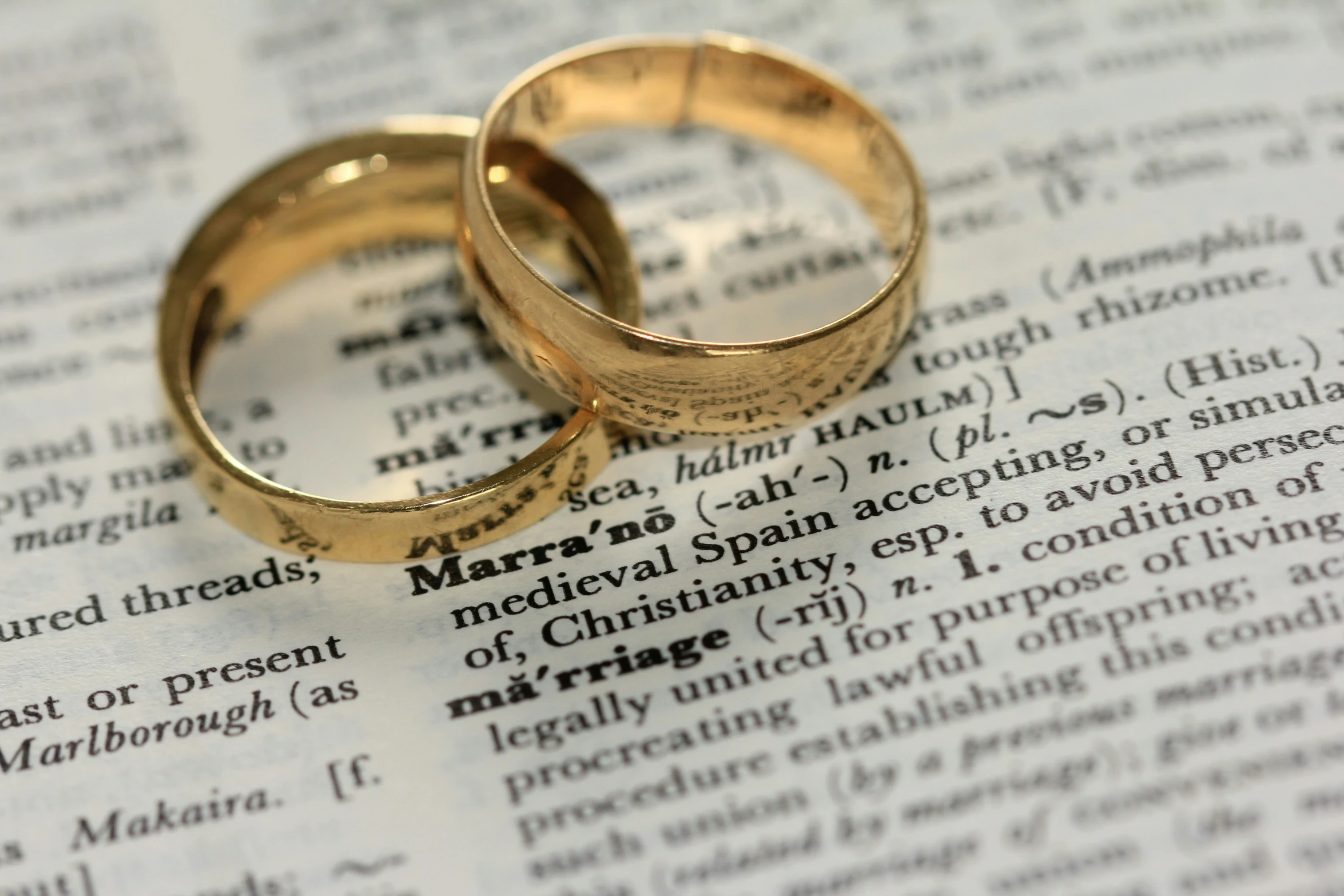 two gold rings are placed on top of an open book