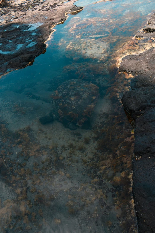 a river running between two large rocks near a body of water