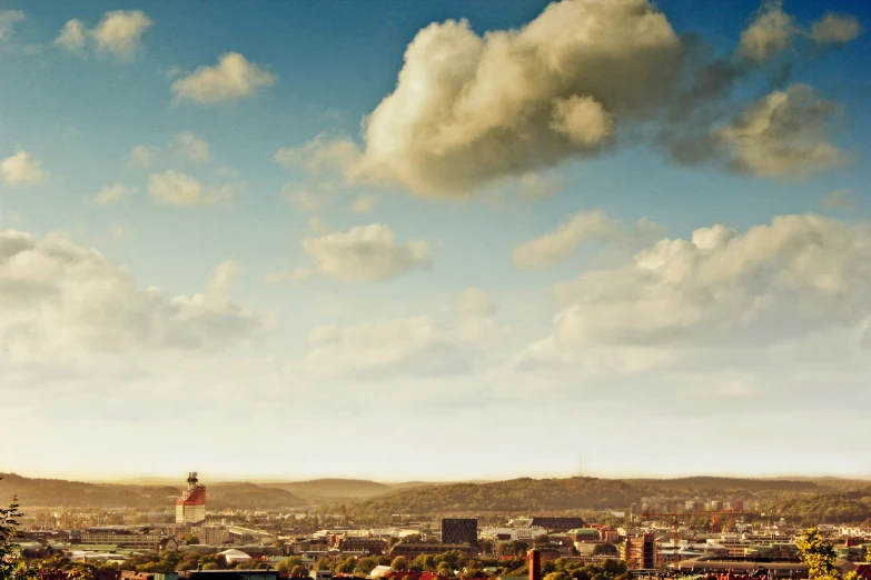 a bird flying in the sky above a city