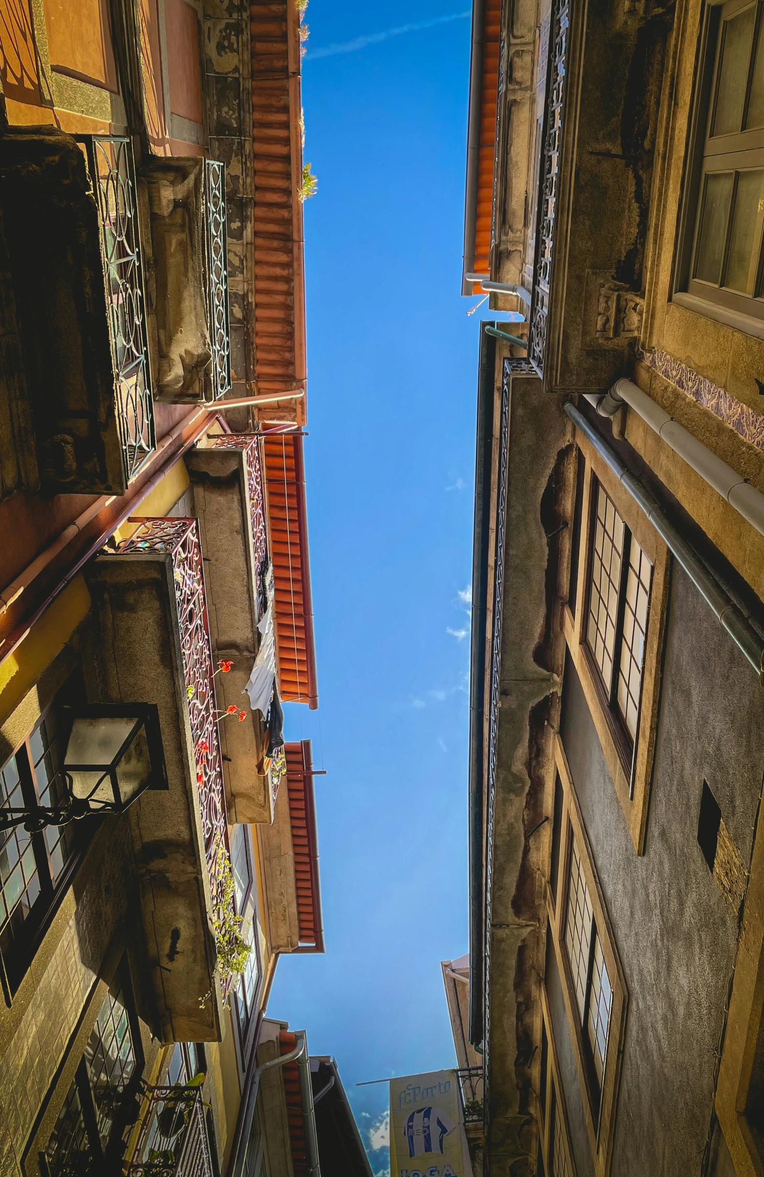 an image of the view from below an old building