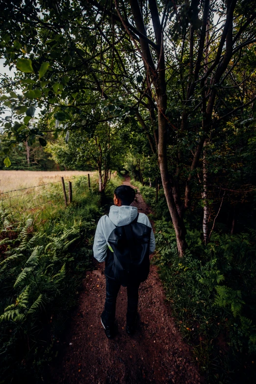 a person walking on a dirt path with trees