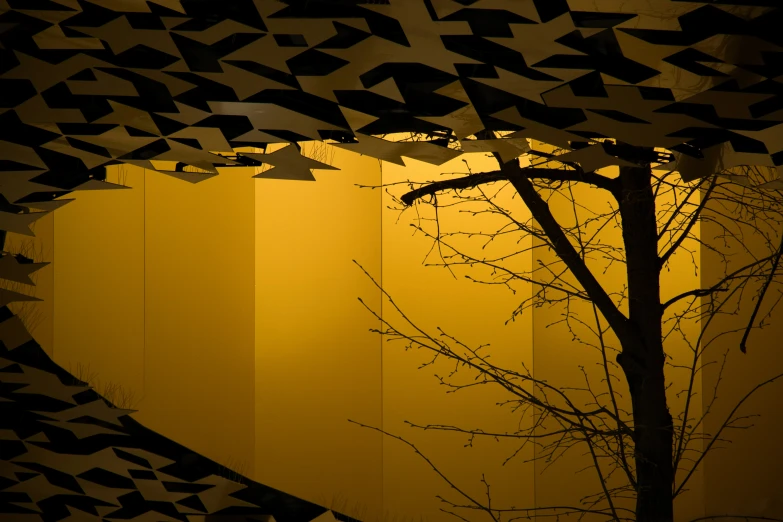 a tree is silhouetted against a large abstract background