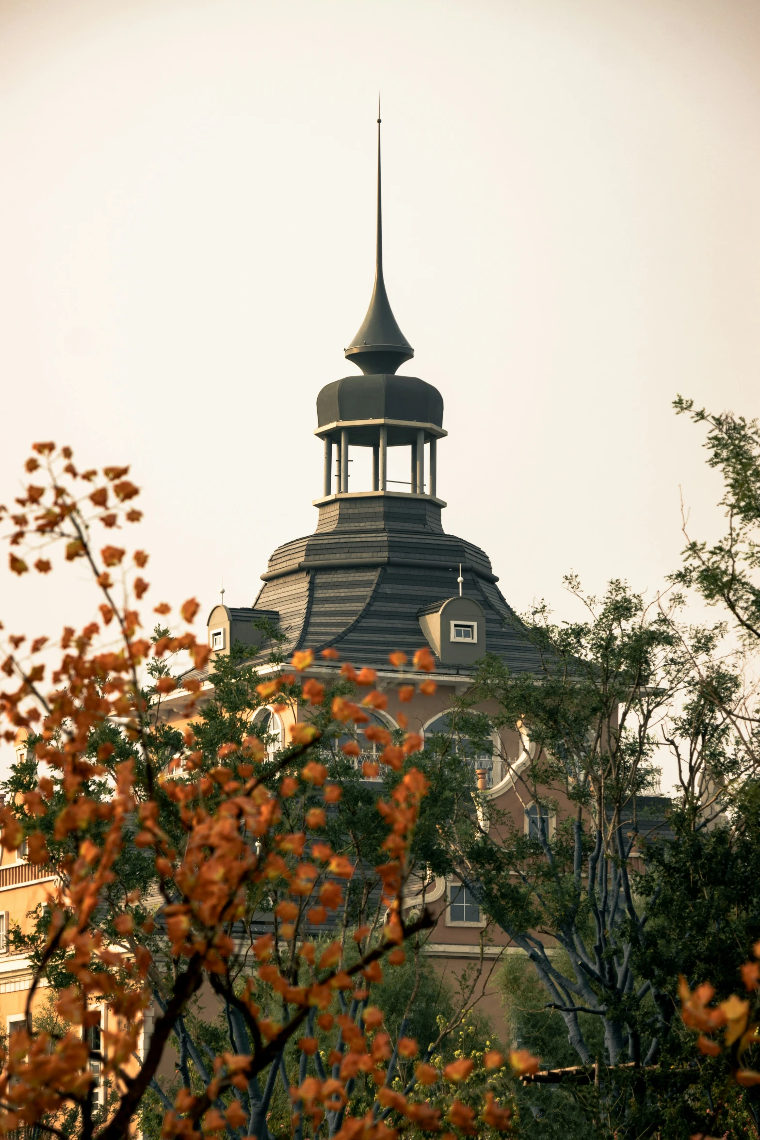 a tower stands near trees and the sky