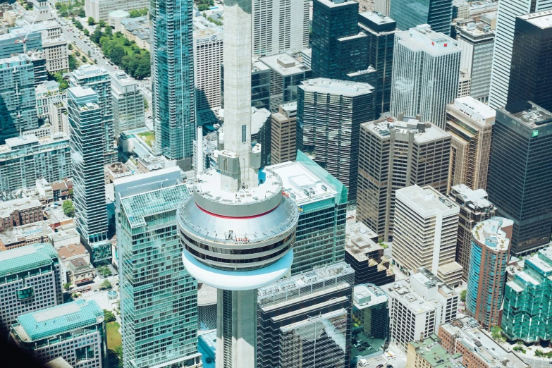 an aerial view of tall buildings in the city