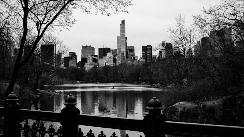 black and white po of a park near a lake