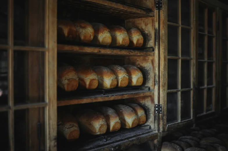 loafs of bread are lined up in an old wooden shelf