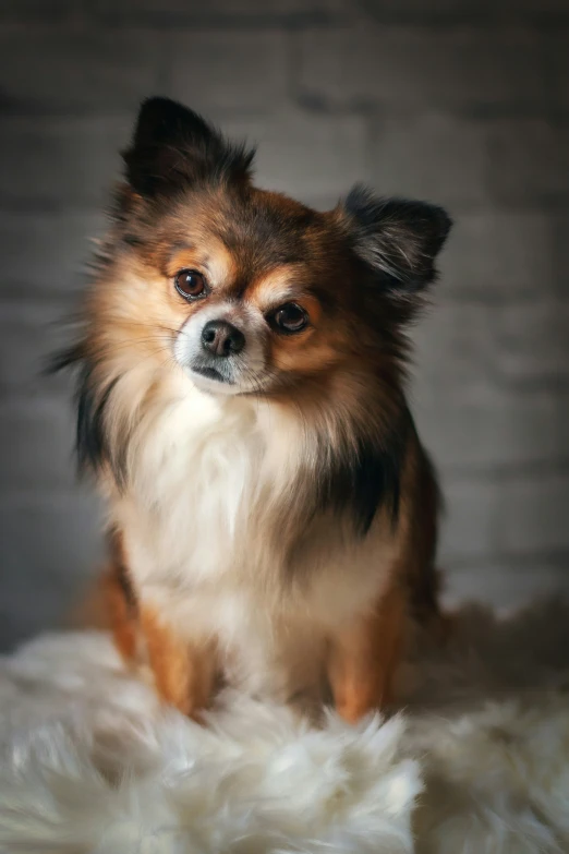 small brown and black dog sitting on white fur