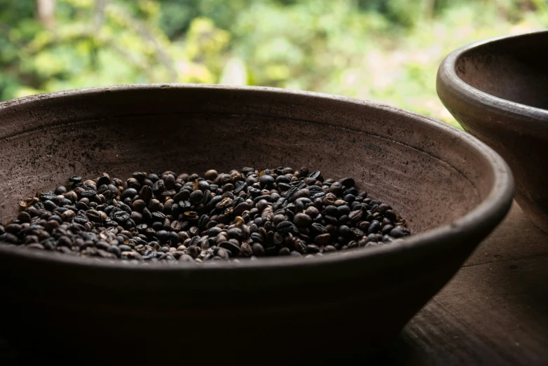 a bowl of seeds on a wooden table