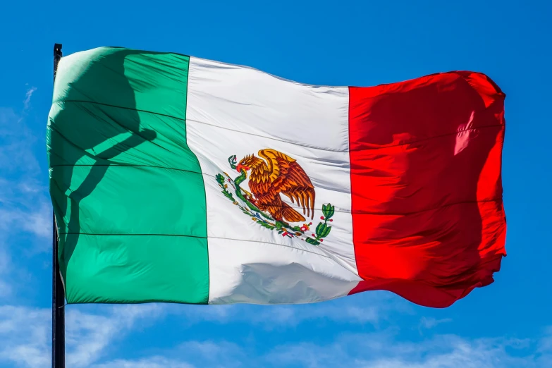 the mexican flag is fluttering high on a blue day