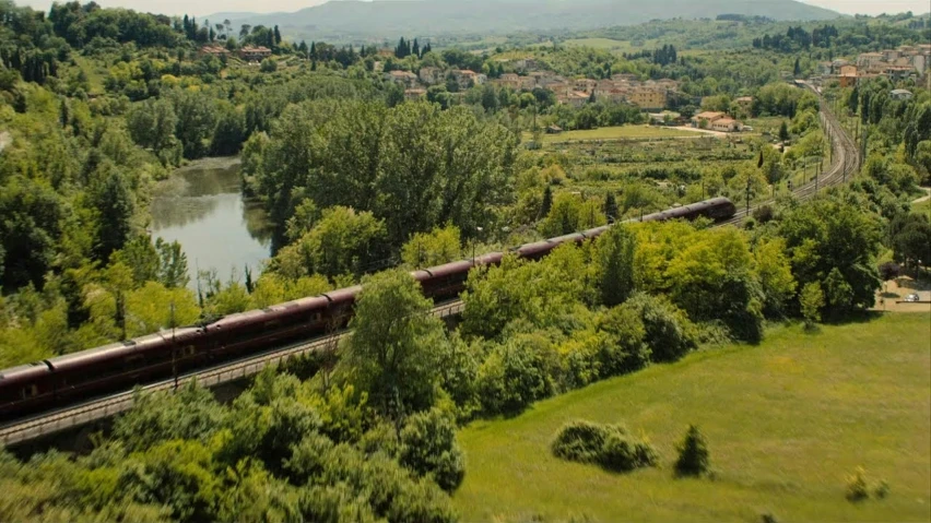 a train is traveling past a lush green field