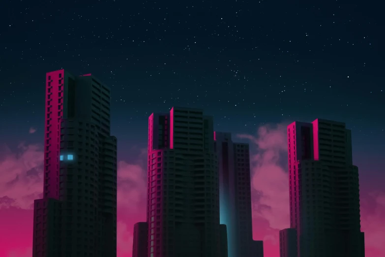 four tall buildings against a pink sky