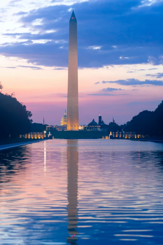 the washington monument reflected on the water in front of the reflecting sky