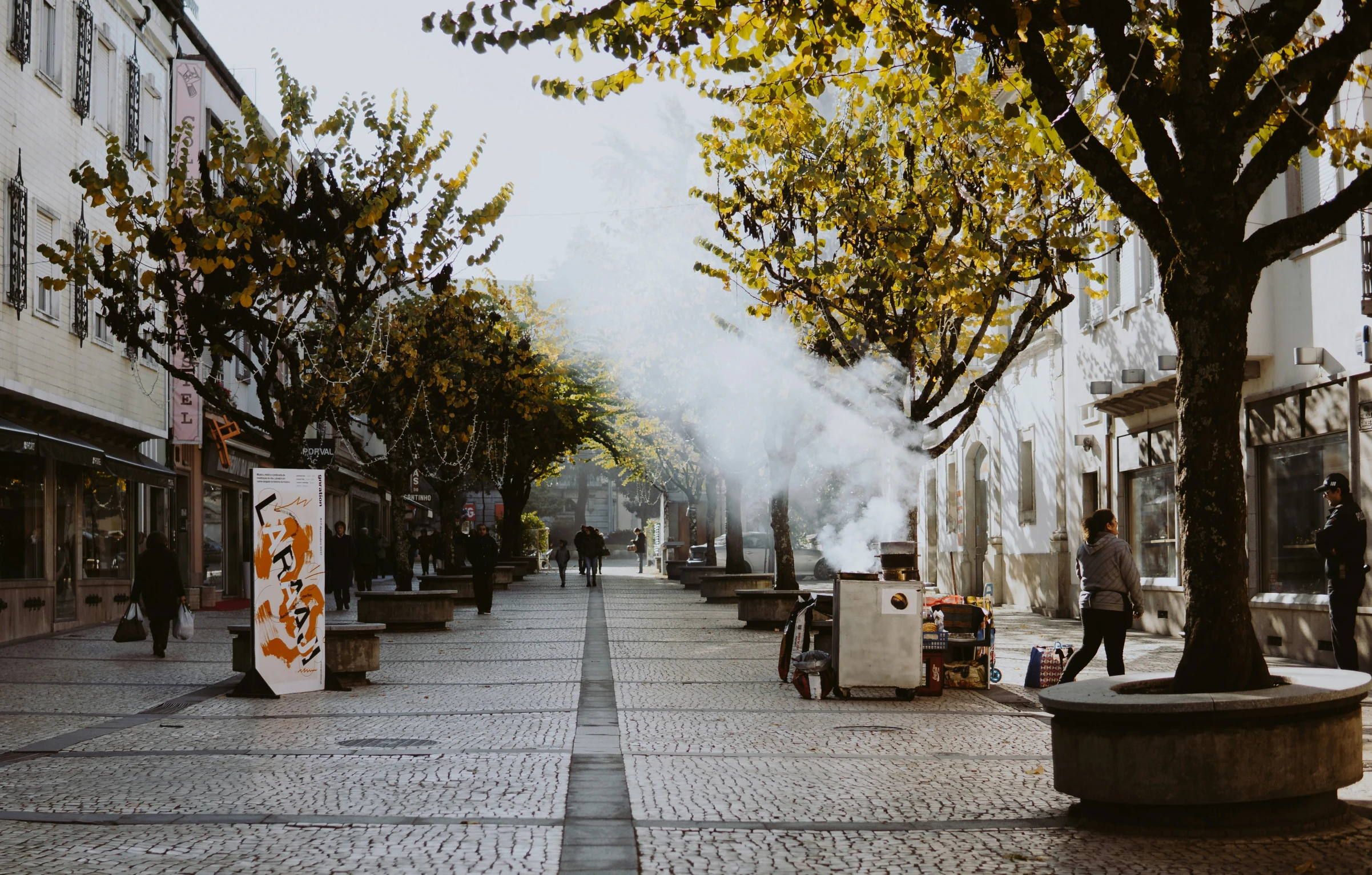 a row of shops on the street in front of some buildings