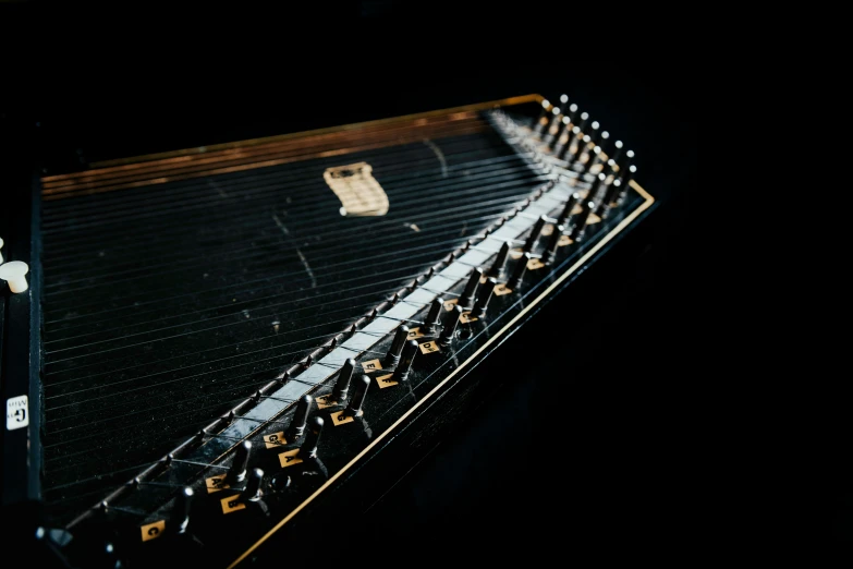 a musical instrument with black background and gold decoration