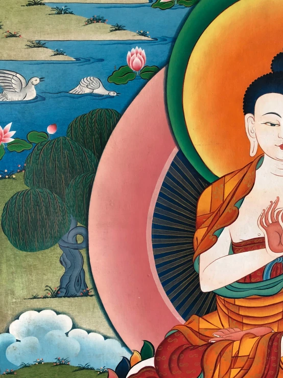 a painting on the side of a wall depicting buddha