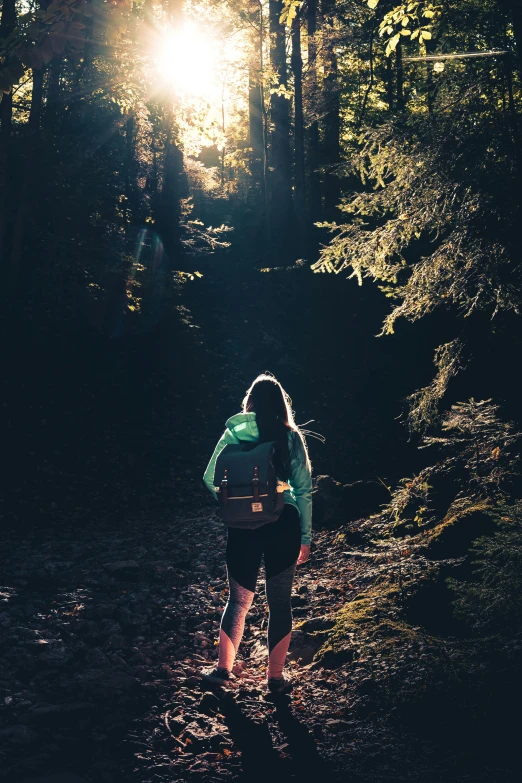 person hiking through dark woods, sunlight shining on trees